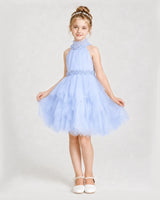 Lavender tulle halter neck tiered girls formal dresses front view