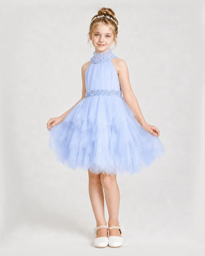 Dideyttawl Pearl High Neck Tiered Tulle Girl Formal Dress
