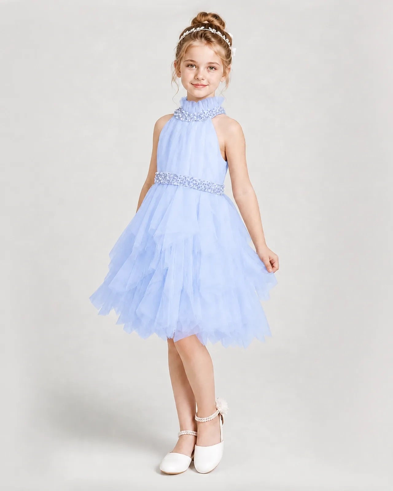 Dideyttawl Pearl High Neck Tiered Tulle Girl Formal Dress