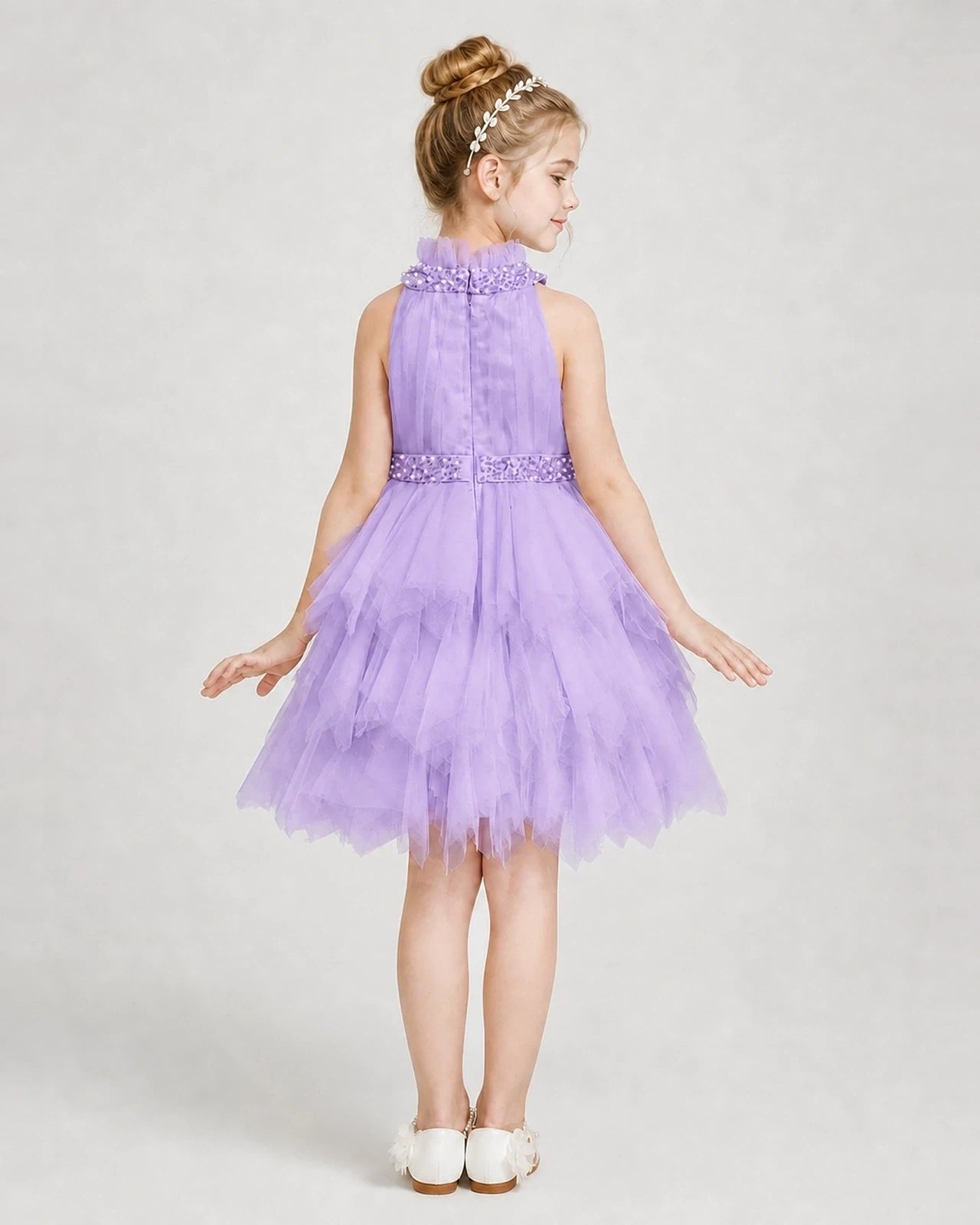 Dideyttawl Pearl High Neck Tiered Tulle Girl Formal Dress