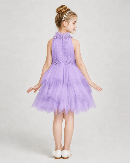 Dideyttawl Pearl High Neck Tiered Tulle Girl Formal Dress