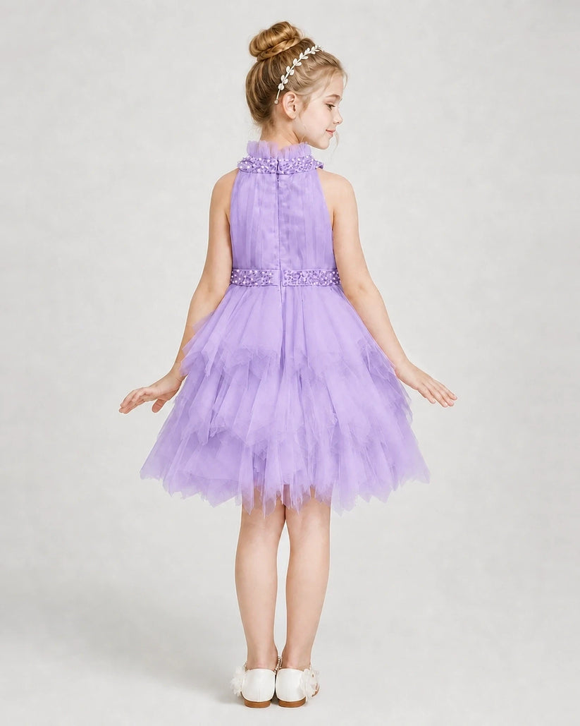 Lilac Tulle Tiered Girls Formal Dresses Back View