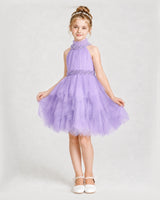 Lilac Tulle Halter Ruffle Girls Formal Dresses Front View