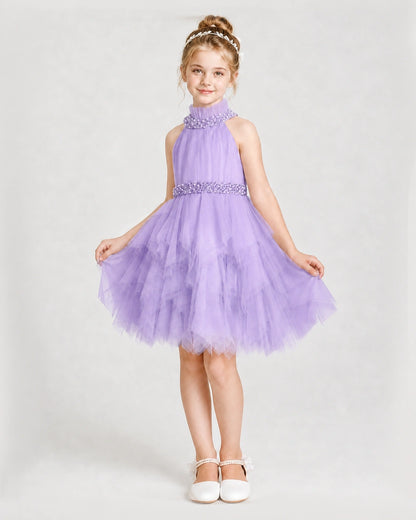 Dideyttawl Pearl High Neck Tiered Tulle Girl Formal Dress
