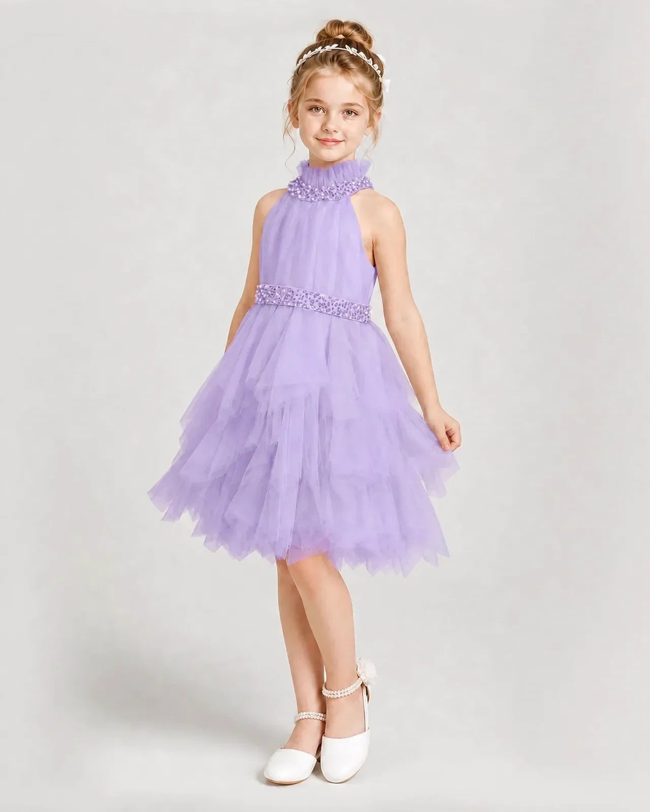 Dideyttawl Pearl High Neck Tiered Tulle Girl Formal Dress