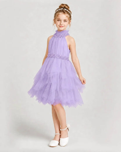 Dideyttawl Pearl High Neck Tiered Tulle Girl Formal Dress