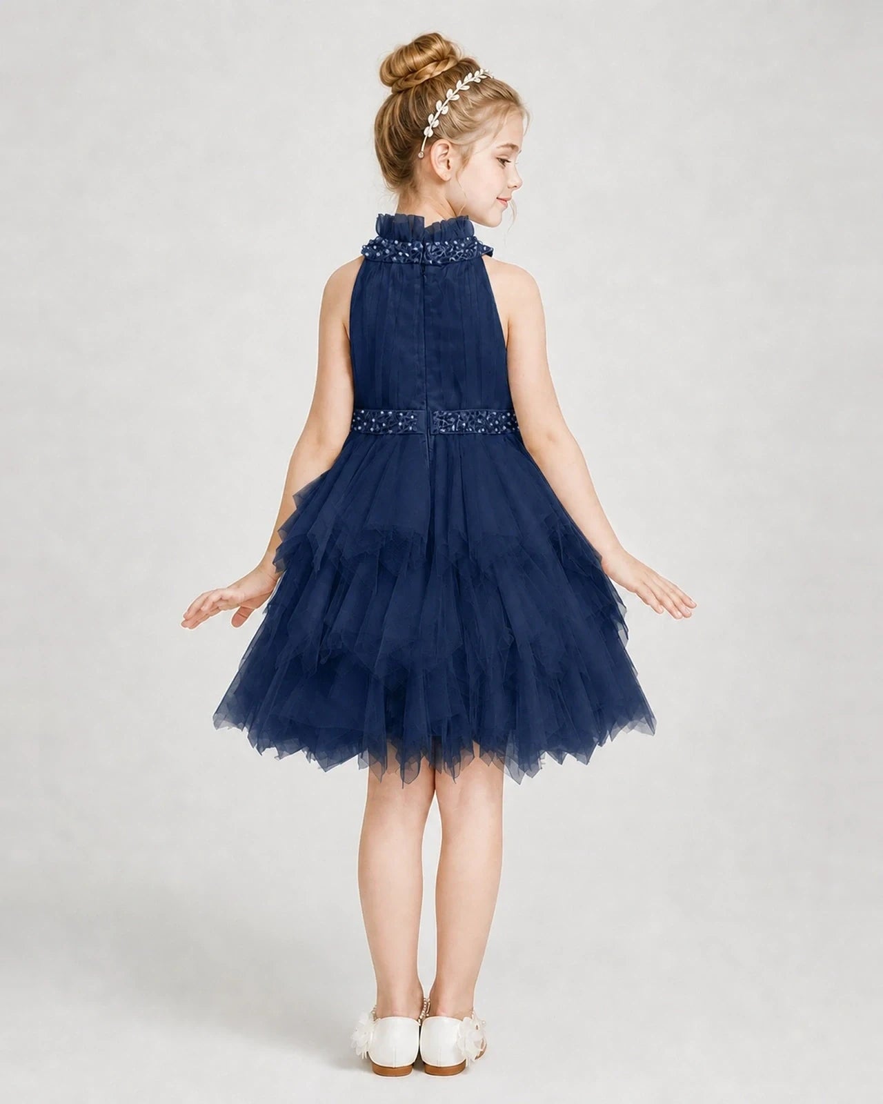 Dideyttawl Pearl High Neck Tiered Tulle Girl Formal Dress