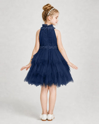 Dideyttawl Pearl High Neck Tiered Tulle Girl Formal Dress