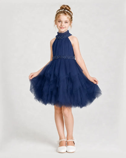 Dideyttawl Pearl High Neck Tiered Tulle Girl Formal Dress