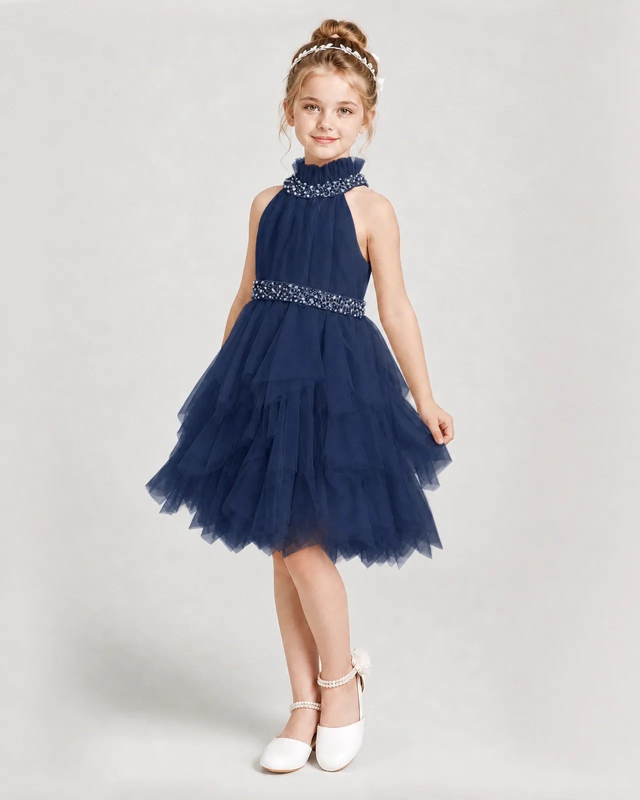Dideyttawl Pearl High Neck Tiered Tulle Girl Formal Dress