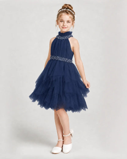 Dideyttawl Pearl High Neck Tiered Tulle Girl Formal Dress