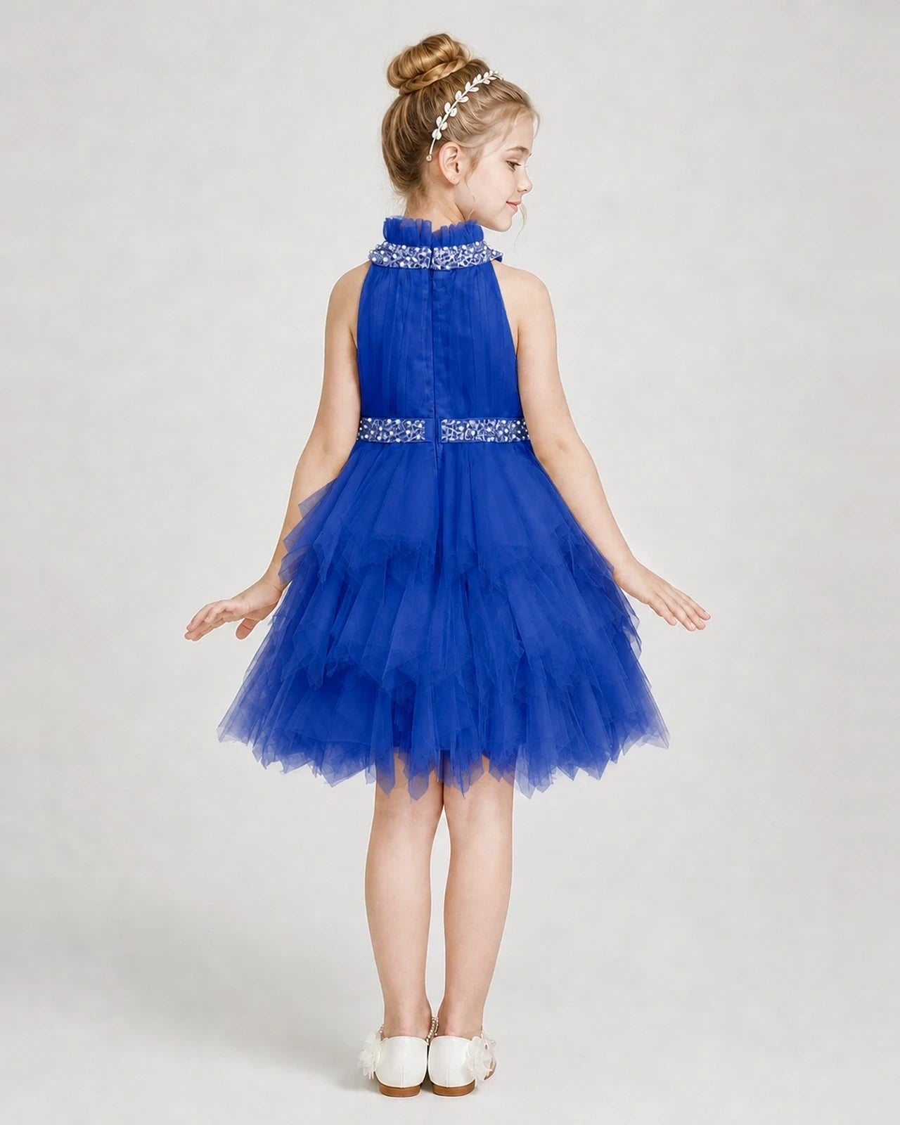 Dideyttawl Pearl High Neck Tiered Tulle Girl Formal Dress