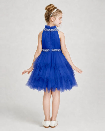 Dideyttawl Pearl High Neck Tiered Tulle Girl Formal Dress
