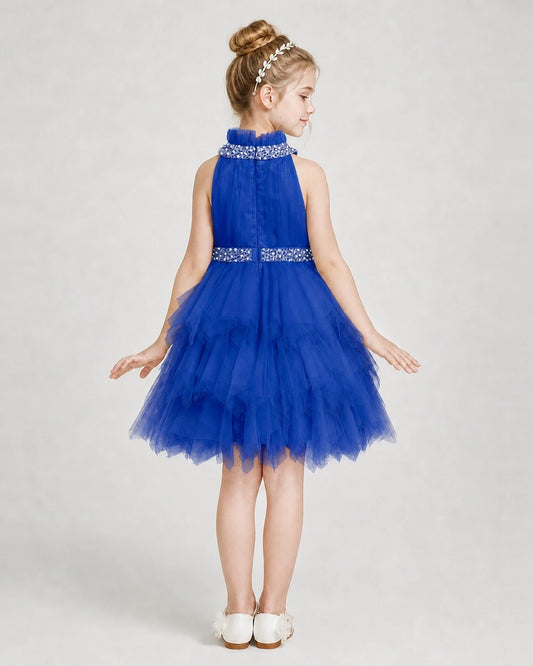 Royal Blue Tulle Halter Ruffled Tiered Girls Formal Dresses Back View