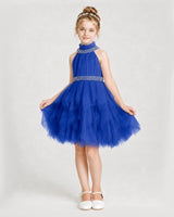 Royal Blue Tulle Halter Ruffle Girls Formal Dresses Front View