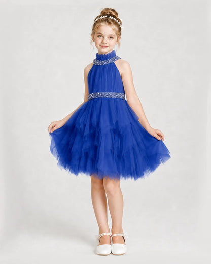 Dideyttawl Pearl High Neck Tiered Tulle Girl Formal Dress