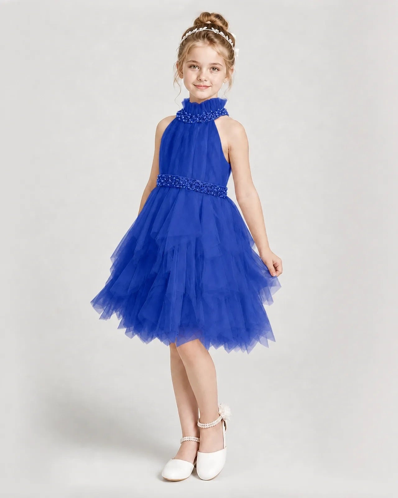 Dideyttawl Pearl High Neck Tiered Tulle Girl Formal Dress