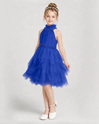 Dideyttawl Pearl High Neck Tiered Tulle Girl Formal Dress