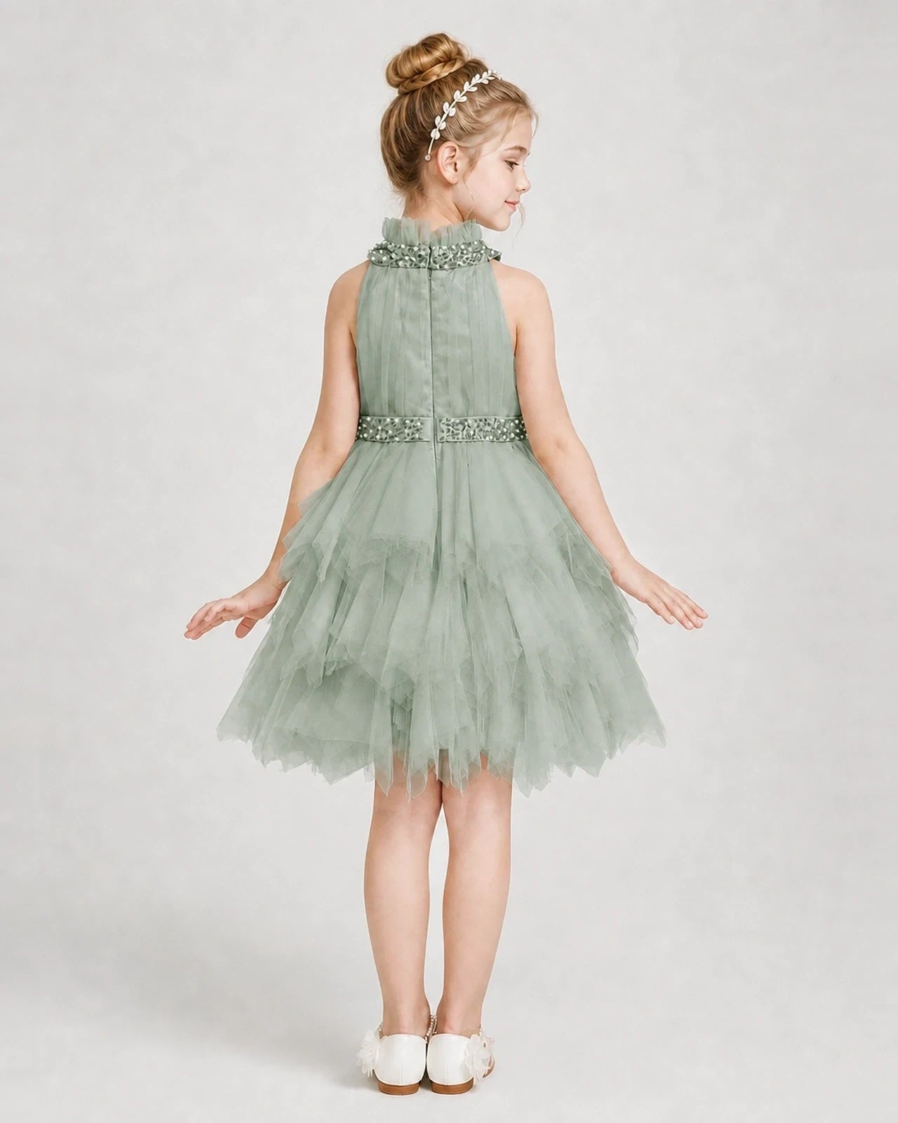 Dideyttawl Pearl High Neck Tiered Tulle Girl Formal Dress