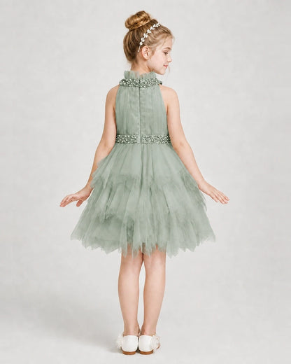 Dideyttawl Pearl High Neck Tiered Tulle Girl Formal Dress