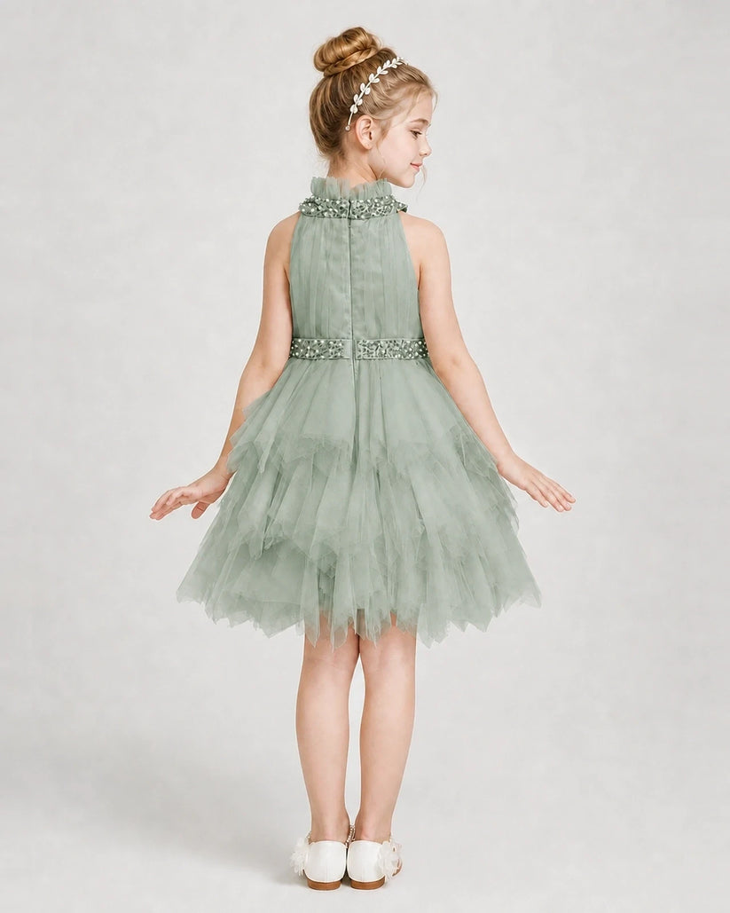 Sage Green Tulle Ruffled A-Line Girls Formal Dress Back View