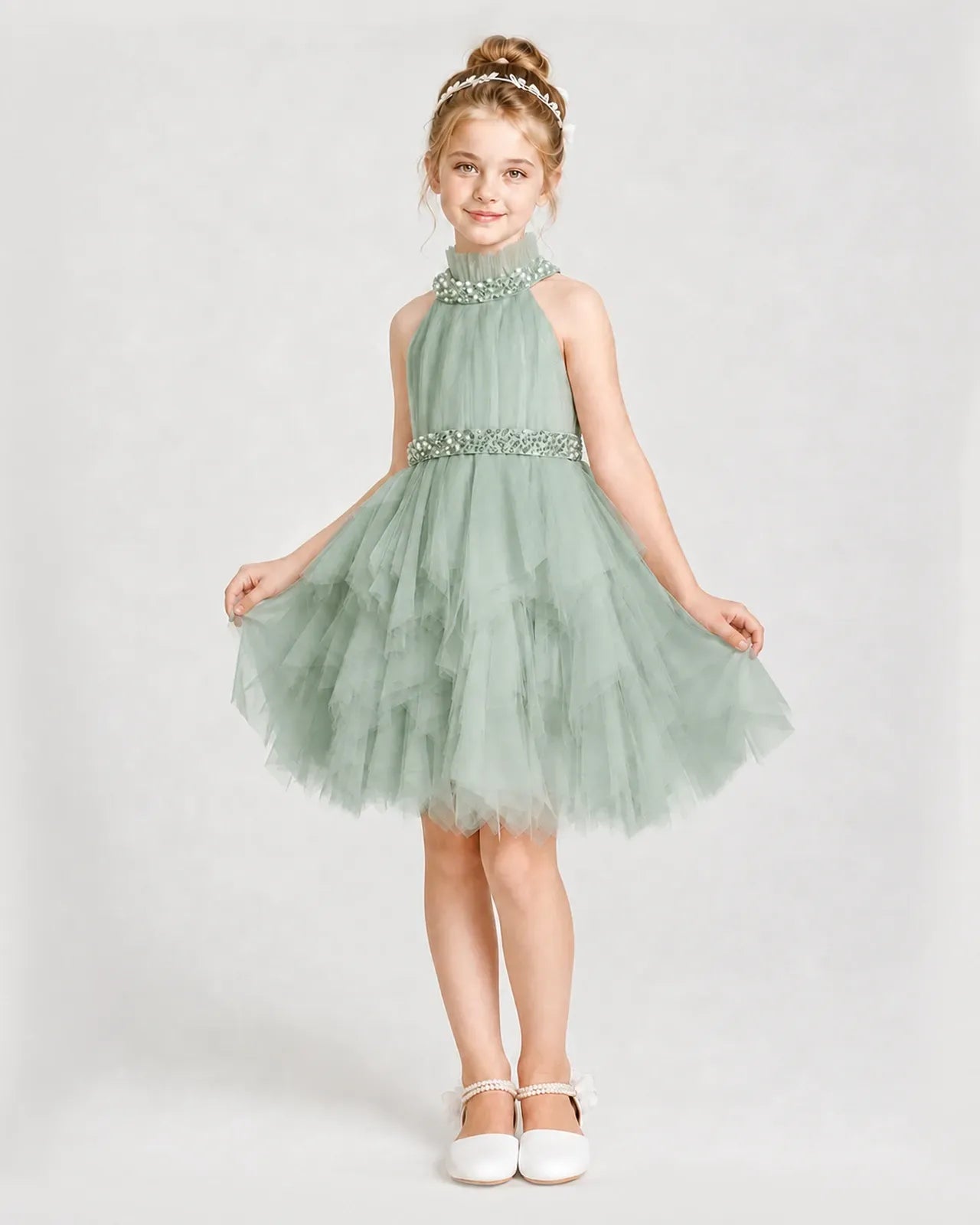Dideyttawl Pearl High Neck Tiered Tulle Girl Formal Dress