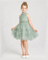 Sage Green Tulle Halter A-Line Girls Formal Dresses Front View