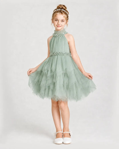 Dideyttawl Pearl High Neck Tiered Tulle Girl Formal Dress