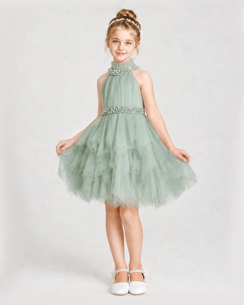 Sage Green Tulle Halter A-Line Girls Formal Dresses Front View