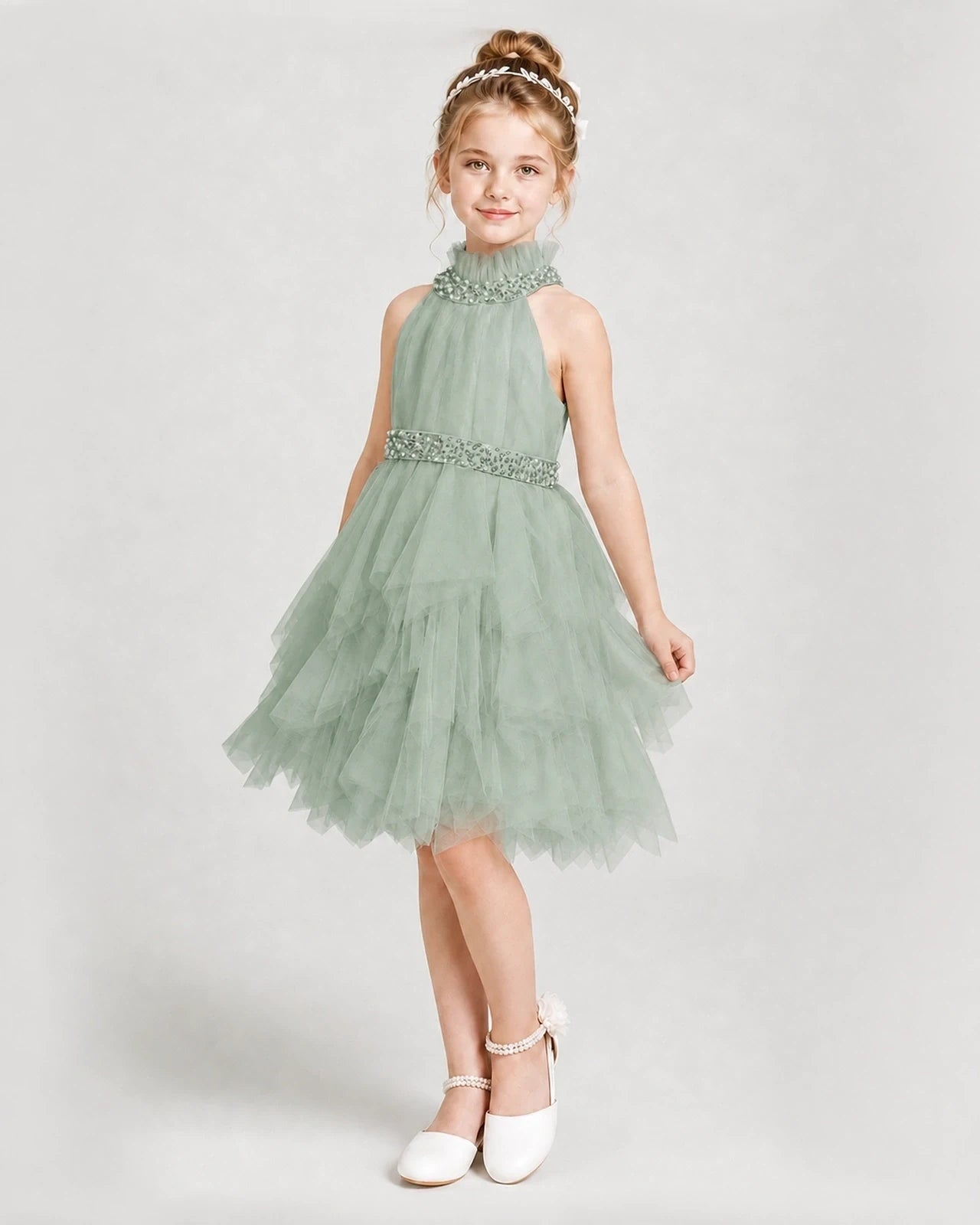 Dideyttawl Pearl High Neck Tiered Tulle Girl Formal Dress