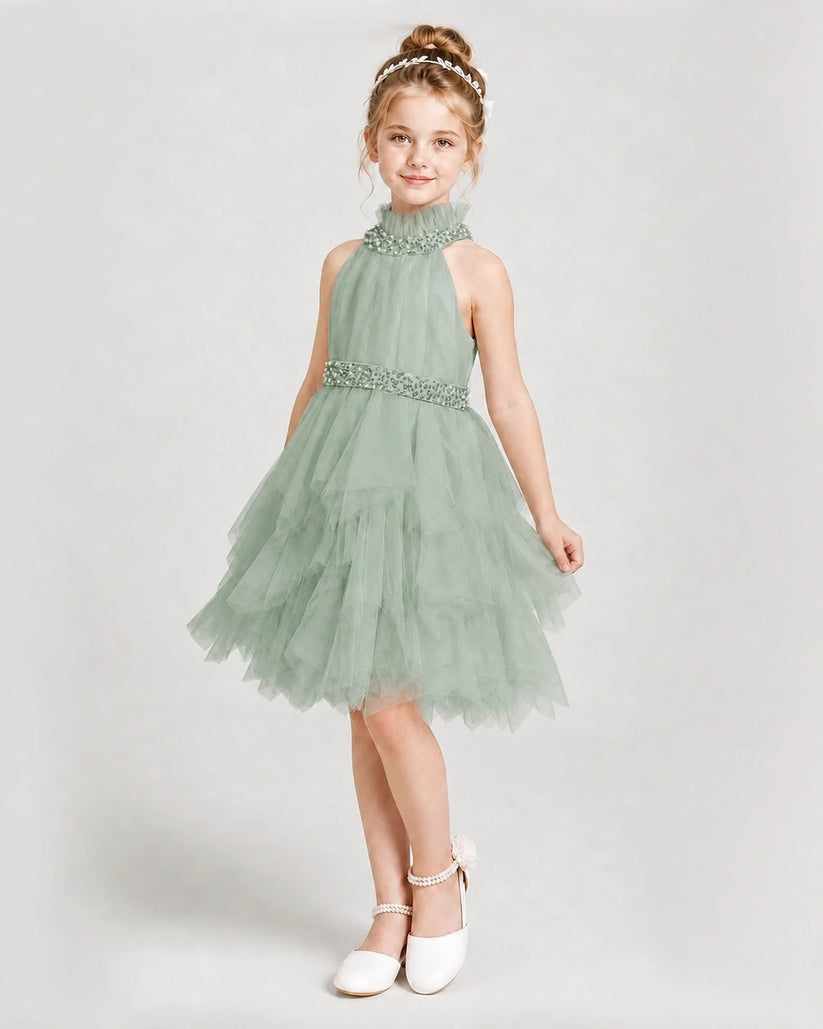 Sage Green Tulle Ruffled Halter Girls Formal Dresses Side View