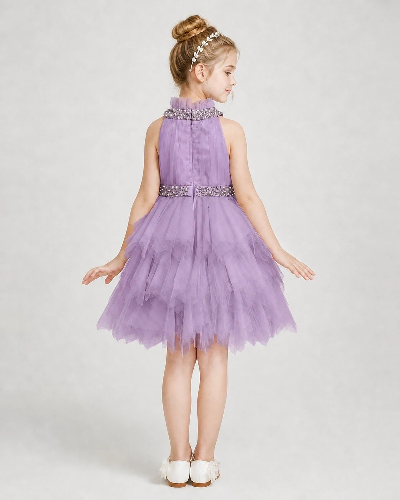 Dideyttawl Pearl High Neck Tiered Tulle Girl Formal Dress