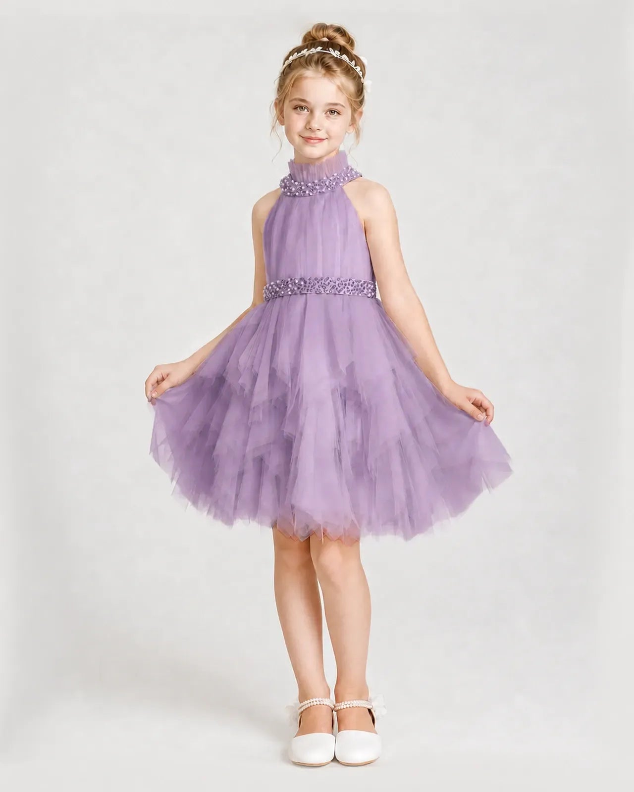 Dideyttawl Pearl High Neck Tiered Tulle Girl Formal Dress