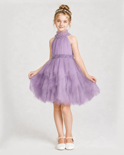 Dideyttawl Pearl High Neck Tiered Tulle Girl Formal Dress