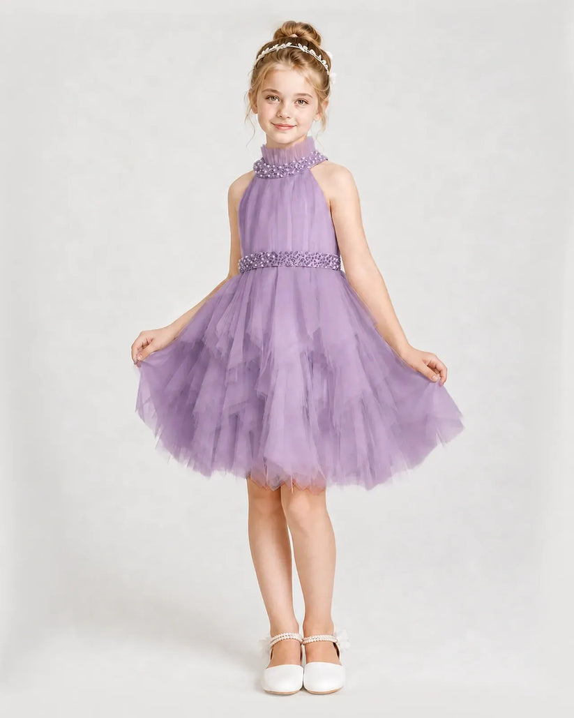 Wisteria Tulle Halter Ruffle Girls Formal Dresses Front View