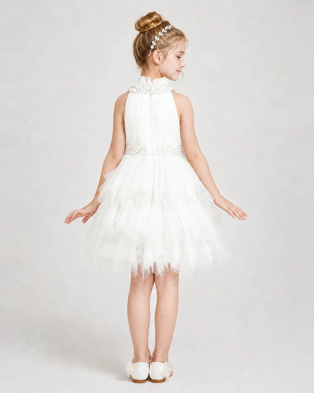 Dideyttawl Pearl High Neck Tiered Tulle Girl Formal Dress