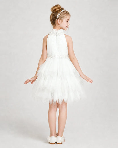 Dideyttawl Pearl High Neck Tiered Tulle Girl Formal Dress