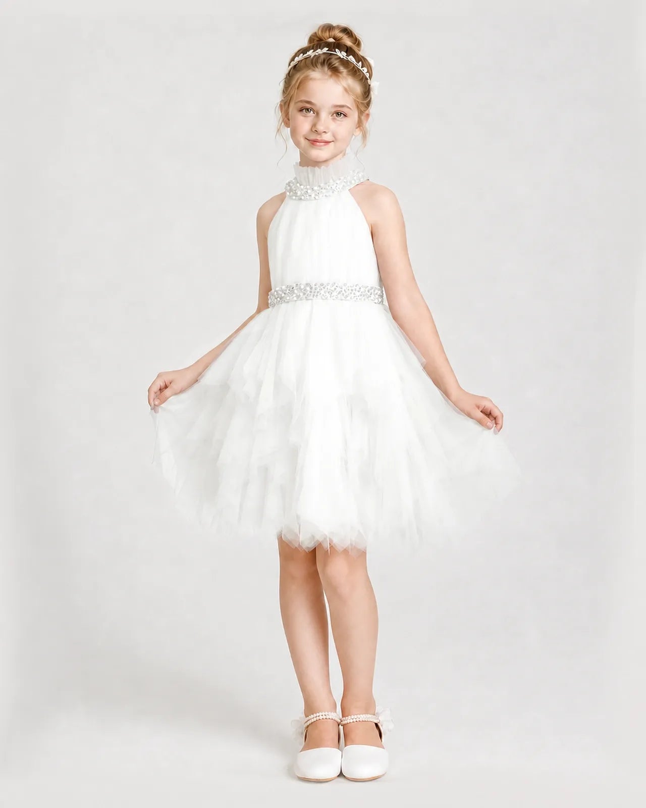 Dideyttawl Pearl High Neck Tiered Tulle Girl Formal Dress