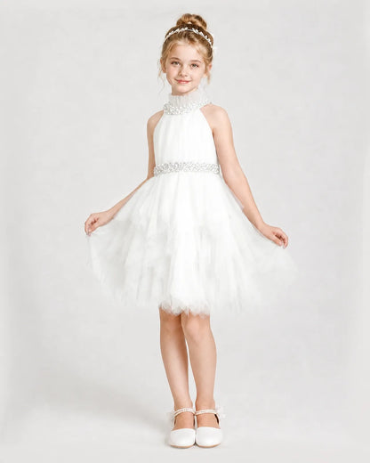 Dideyttawl Pearl High Neck Tiered Tulle Girl Formal Dress