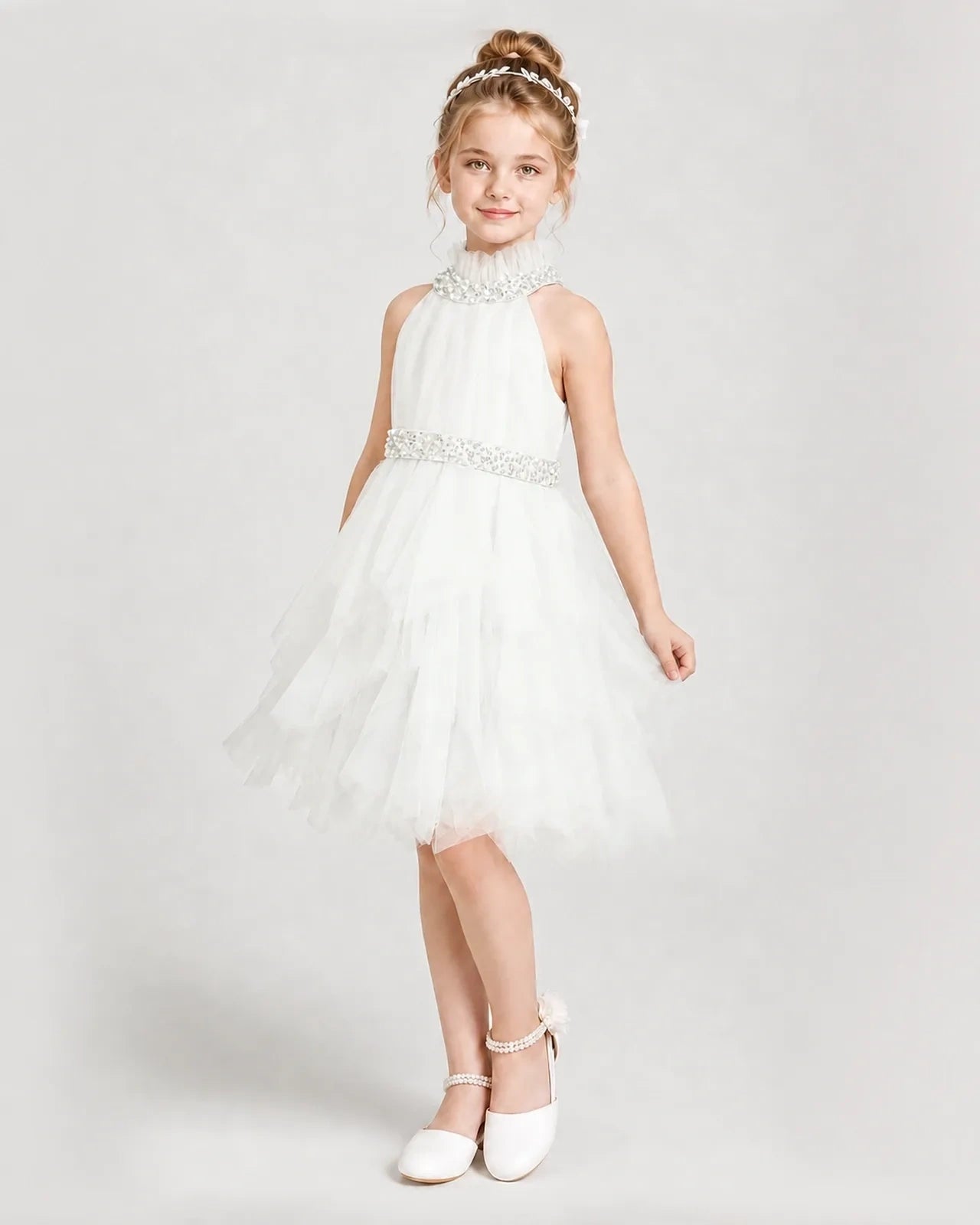 Dideyttawl Pearl High Neck Tiered Tulle Girl Formal Dress