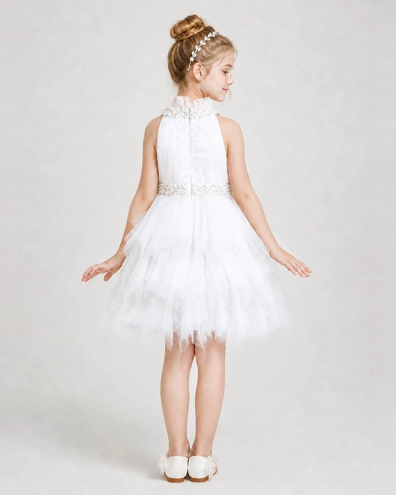 Dideyttawl Pearl High Neck Tiered Tulle Girl Formal Dress