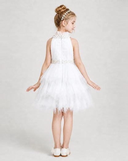 Dideyttawl Pearl High Neck Tiered Tulle Girl Formal Dress