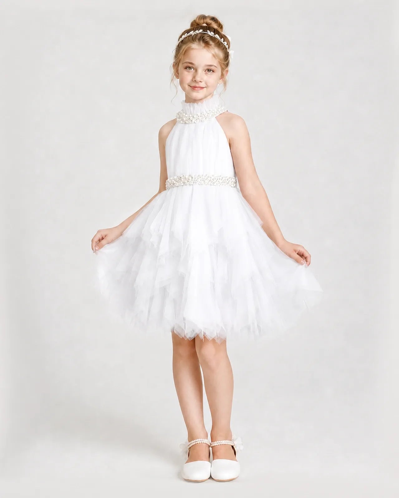 Dideyttawl Pearl High Neck Tiered Tulle Girl Formal Dress