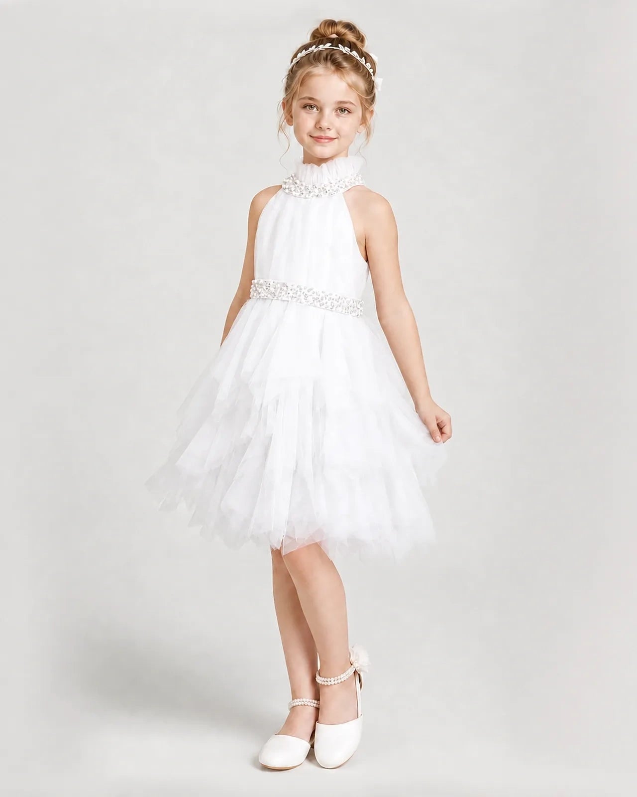 Dideyttawl Pearl High Neck Tiered Tulle Girl Formal Dress