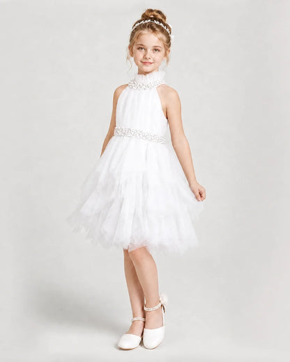 Dideyttawl Pearl High Neck Tiered Tulle Girl Formal Dress