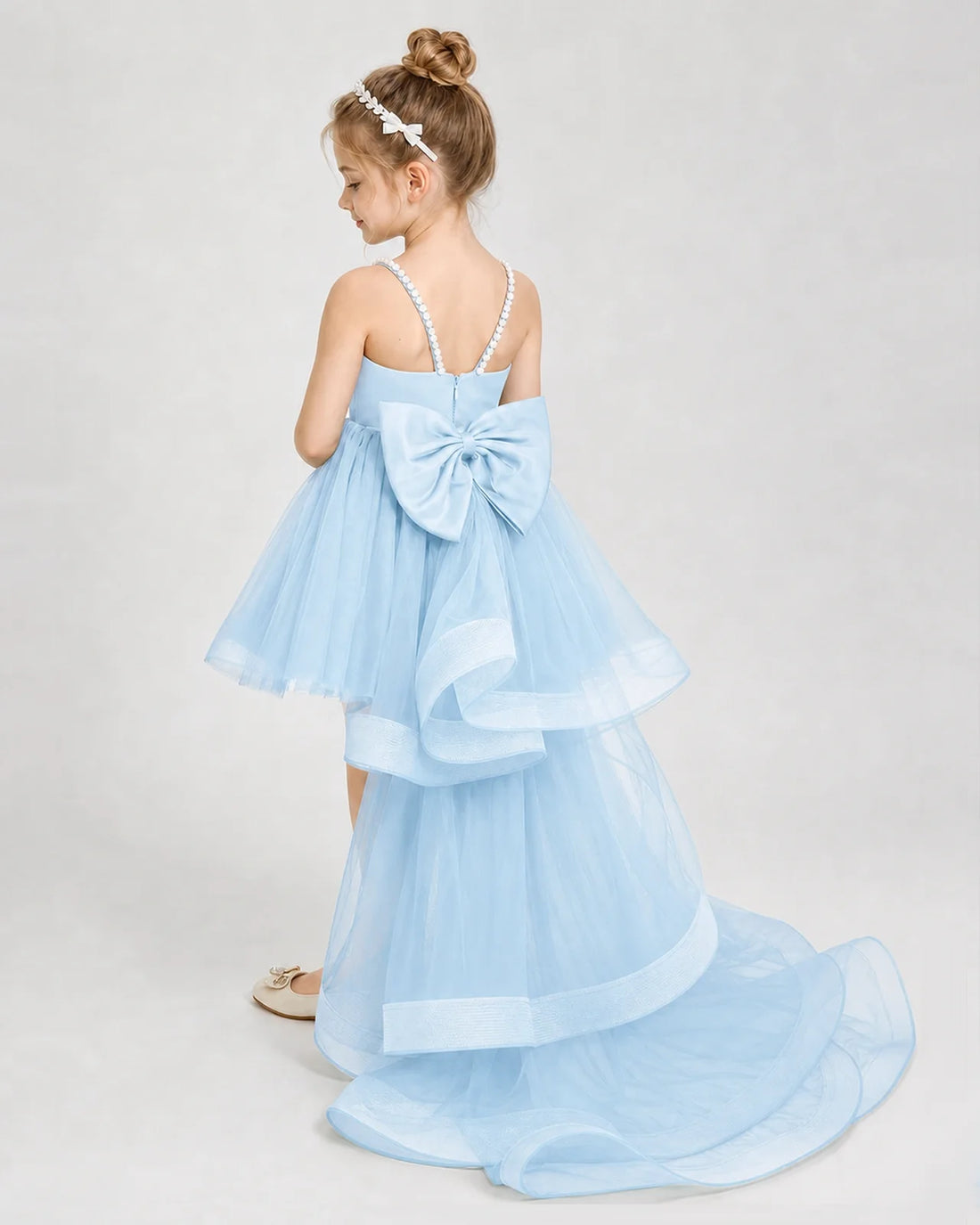 Baby Blue satin and tulle high low bow girls pageant dresses back view