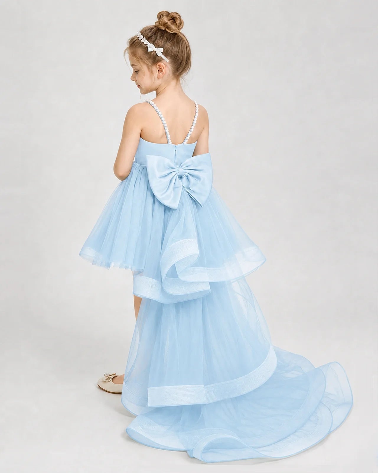 Dideyttawl Pearl Strap High-Low Tulle Girl Pageant Dress