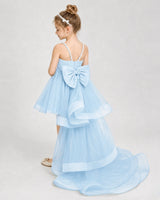 Baby Blue satin and tulle high low bow girls pageant dresses back view