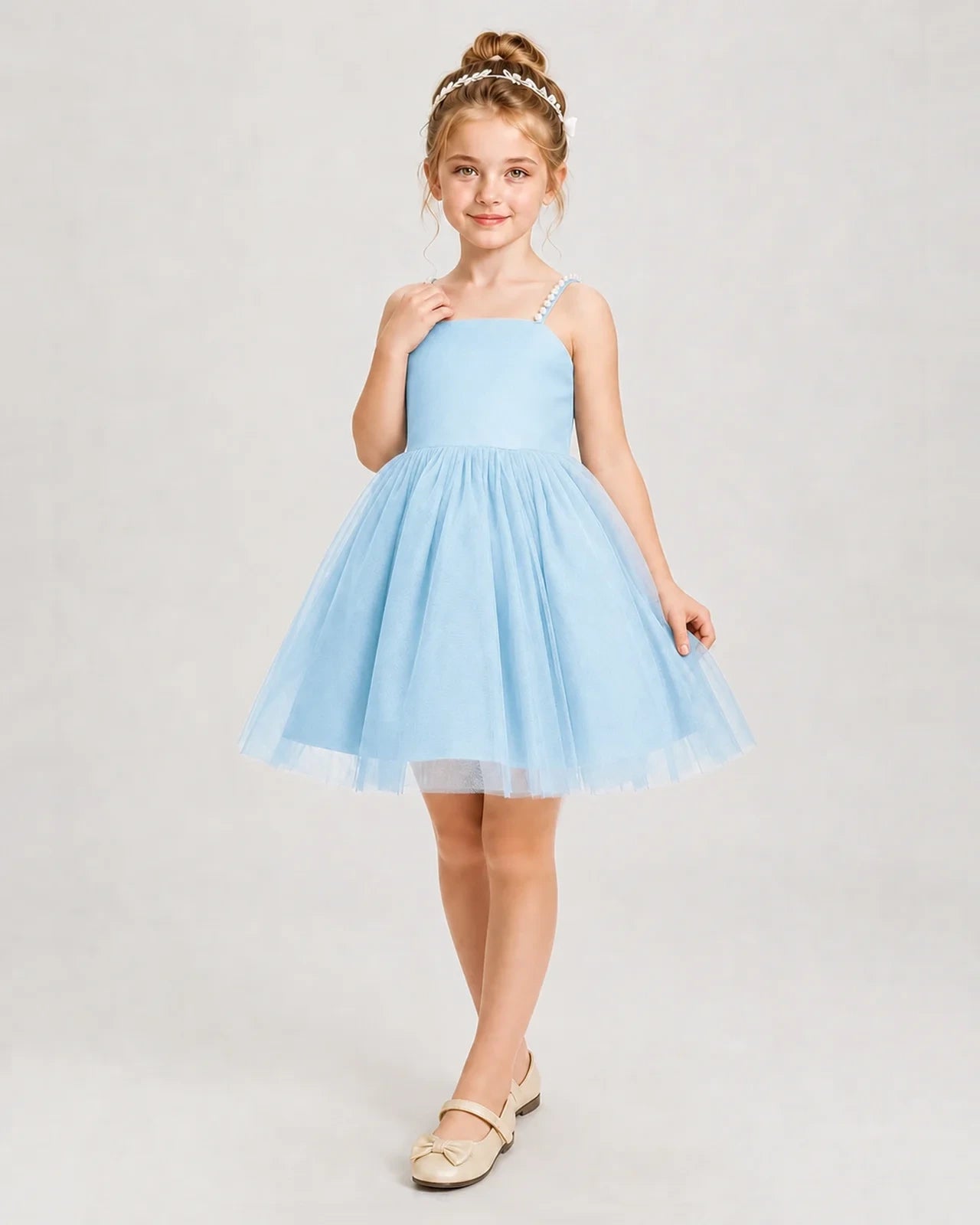 Dideyttawl Pearl Strap High-Low Tulle Girl Pageant Dress