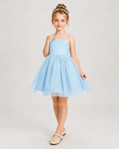 Dideyttawl Pearl Strap High-Low Tulle Girl Pageant Dress